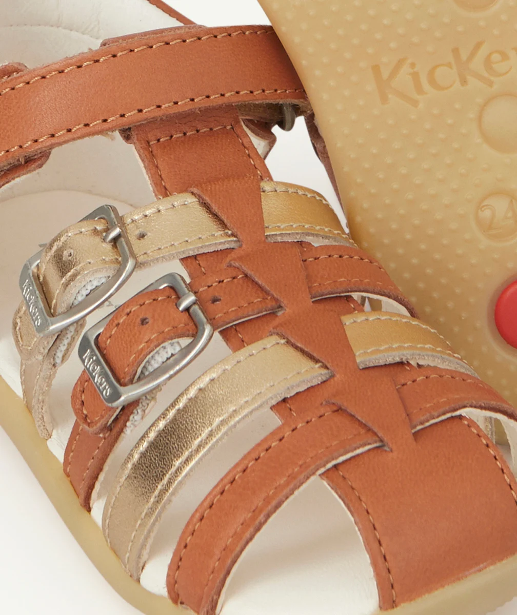 KICKERSSANDALES BÉBÉ FILLE BIGKRO CAMEL ET OR EN CUIR