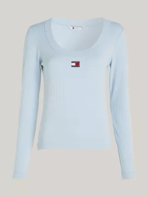 Camiseta de manga comprida canelada e modelagem slim com emblema