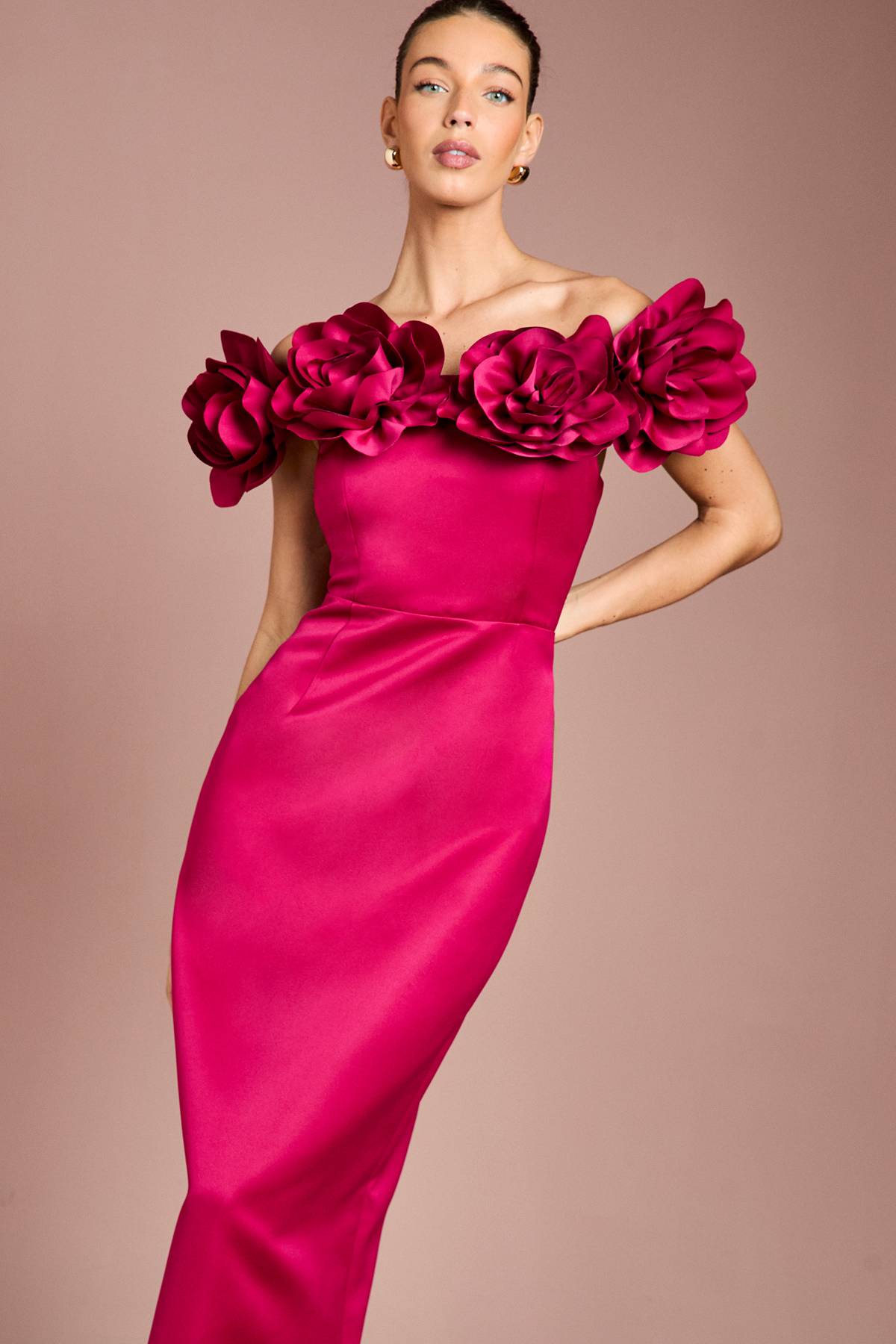 Coast Robe Longue en Satin Structurée avec Corsage 3D