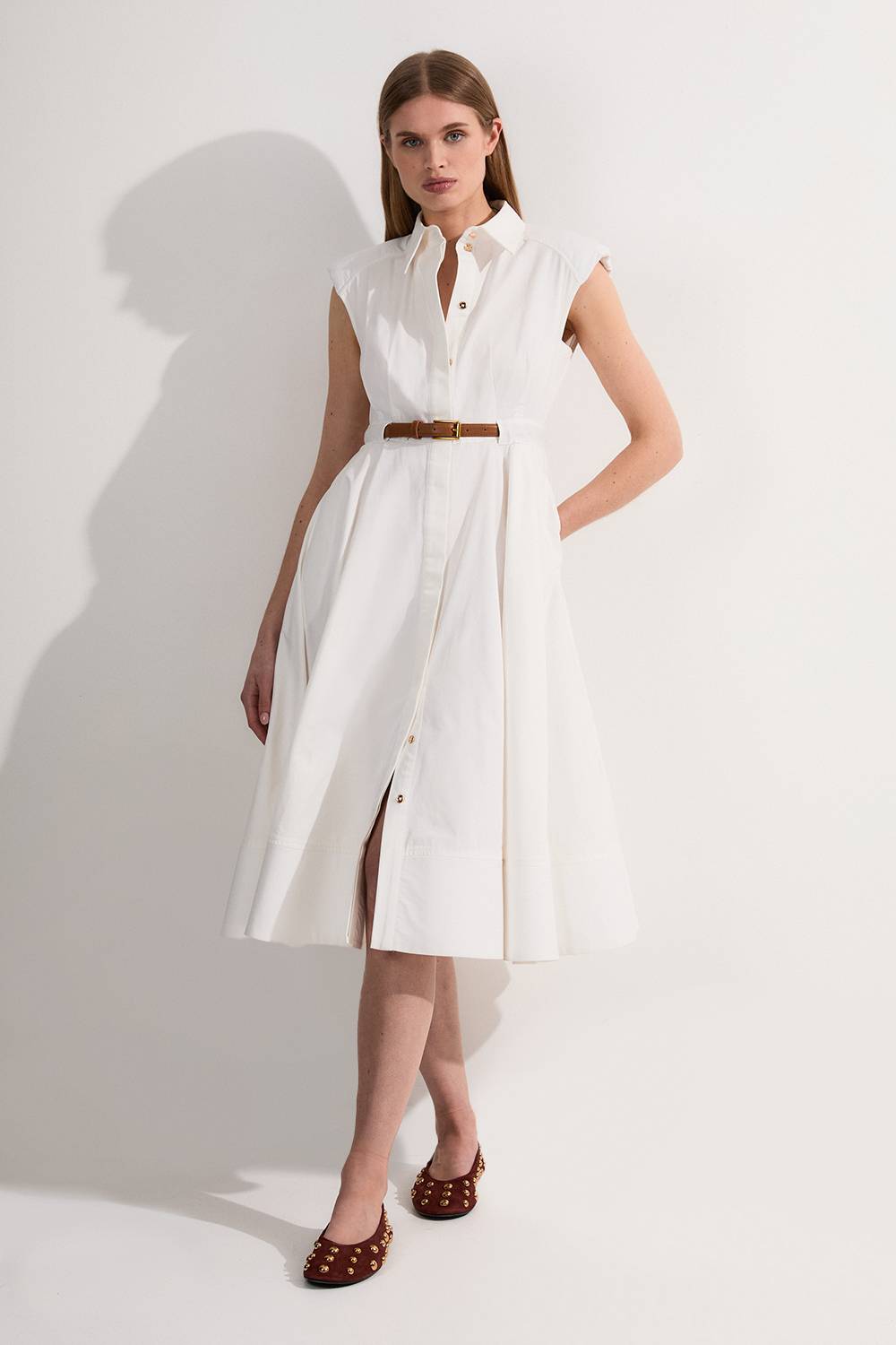 KarenMillen Robe mi-longue ajustée en coton ceinturée à col