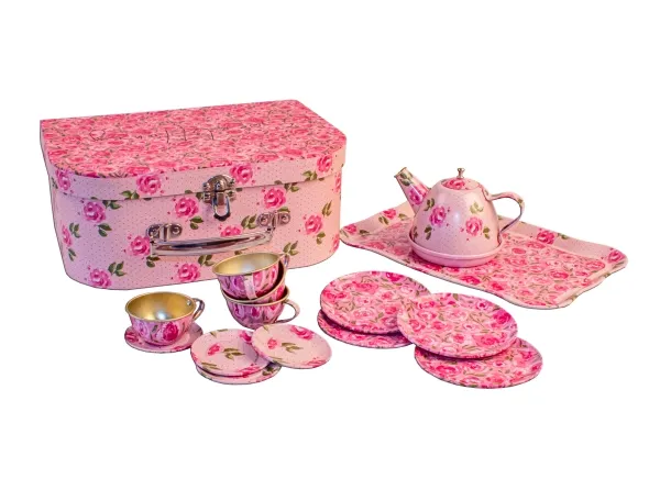 Tesæt i kuffert m. lyserødt blomstermotiv / Tea set in suitcase with pink flower motives