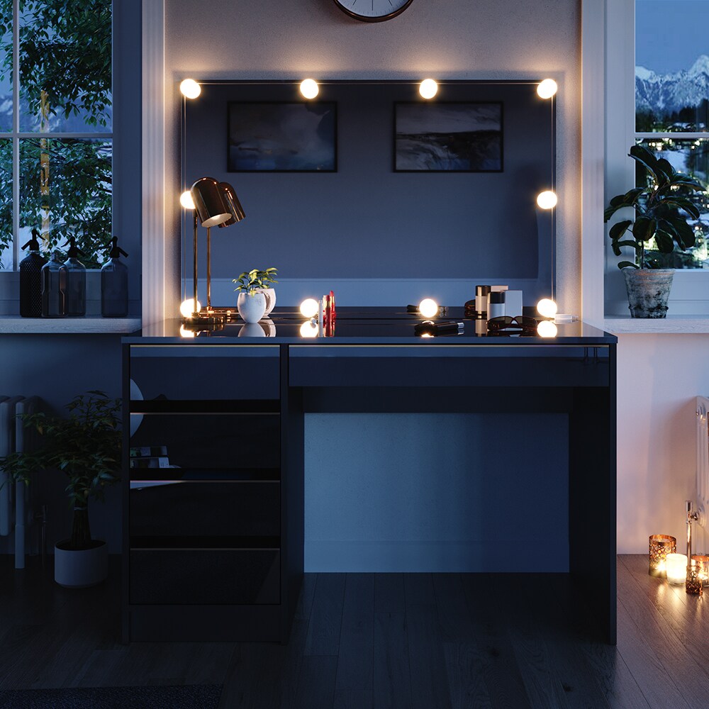 Vicco Schminktisch Sherry Schwarz Hochglanz Gold 120 x 75 cm 5 Schubladen Spiegel LED