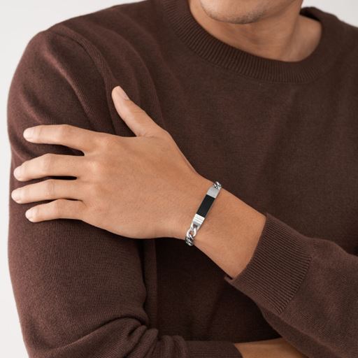 Fossil Textured Plaid Chain Armbånd, Stål/Sort, 20,5 cm