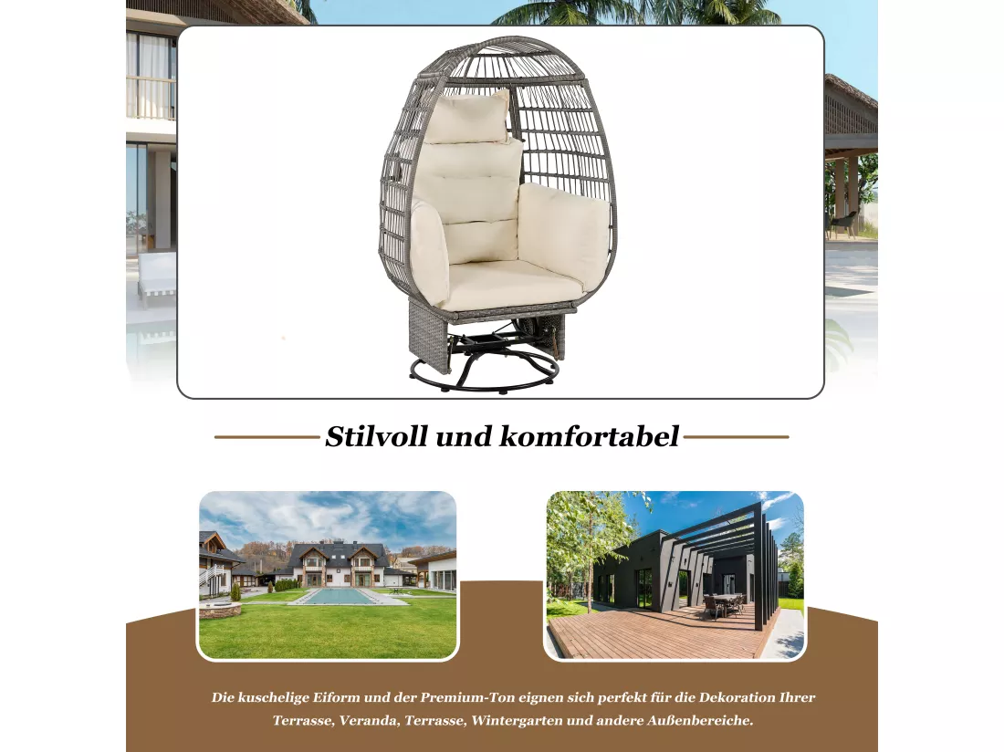 URBAN MEUBLE Fauteuil de jardin suspendu oeuf pivotant en rotin synthétique grus avec coussins moelleux