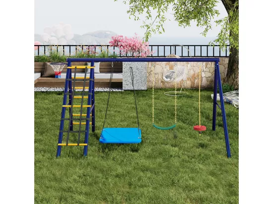Ensemble de balançoires jardin 3 balançoires + portique escalade + panier basket aire de jeux extérieur