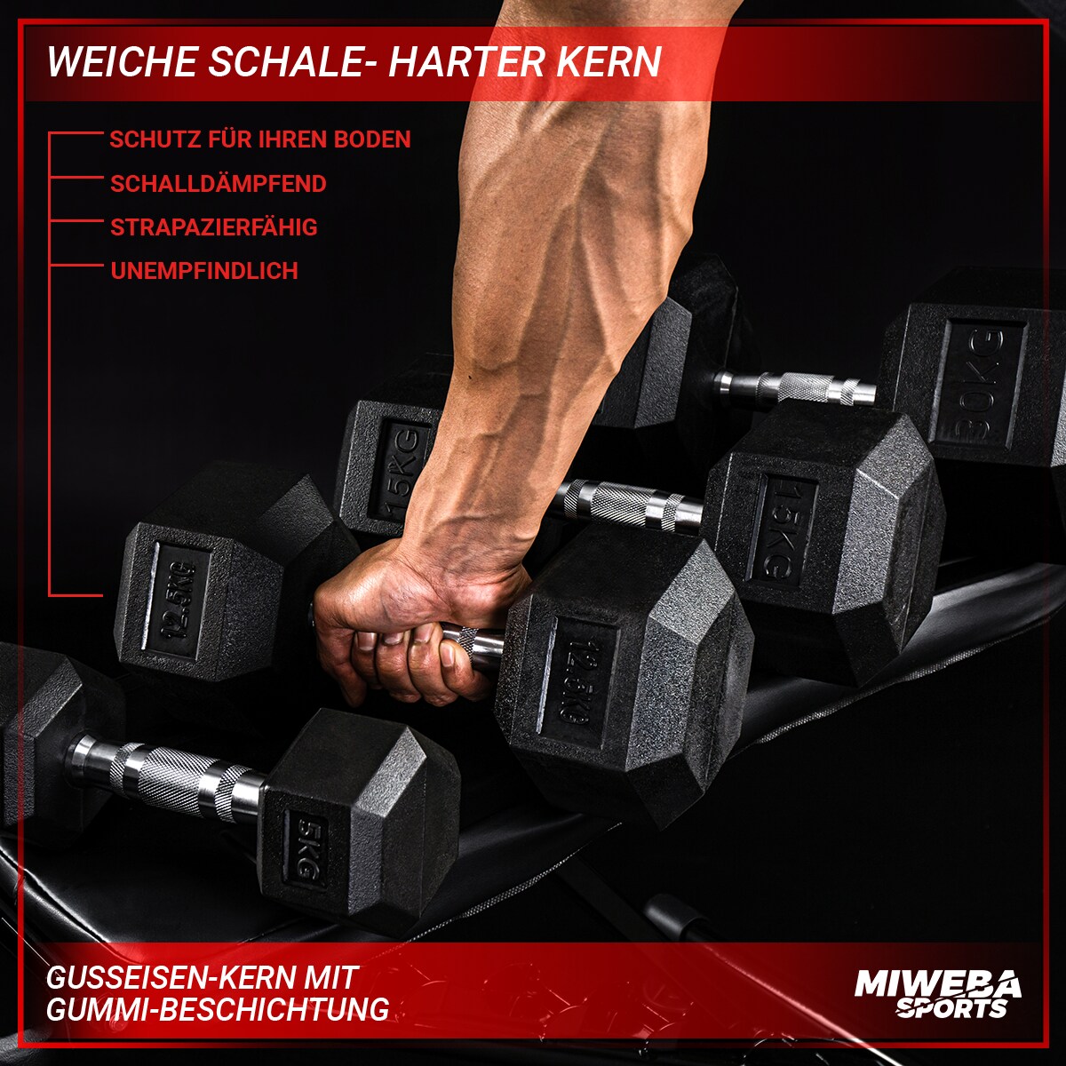 Miweba Sports Hexagon Kurzhanteln HGH100, Einzelhantel o. Kurzhantel-Set, 2,5-30 kg, Gusseisen-Kern (Hantelpaar, 5,0 kg)