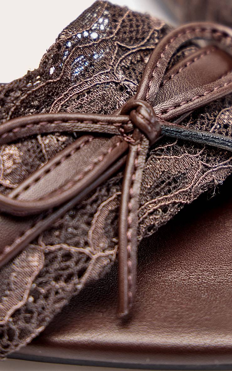 Marron Mules À Talons Chocolat En Dentelle Froncée Avec Nœud
