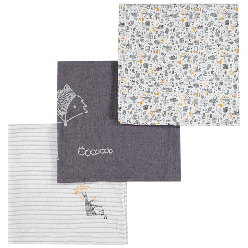 Lot de 3 langes en coton motifs animaux de la forêt - Gris clair