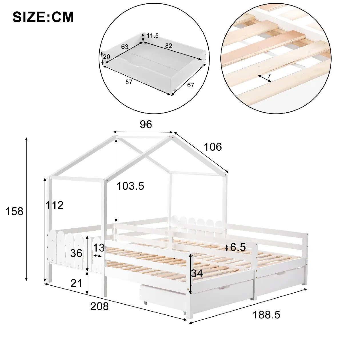 KOMHTOM Lit Cabane Double 200x90 cm - Blanc