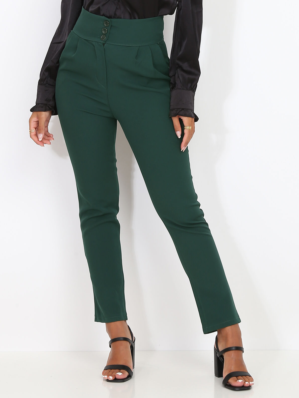 Pantalon à pinces plissé et boutonné- Vert foncé