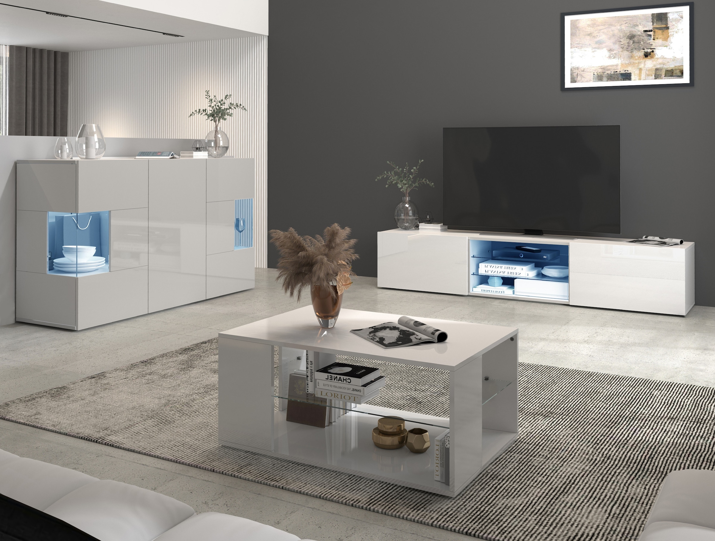 INOSIGN Sideboard »Egypt, Kommode, Schrank, Kredenz, Vitrine grifflos« 3 Türen davon 2 mit Glaseinsatz, kompl. Hochglanz lackiert Breite 135