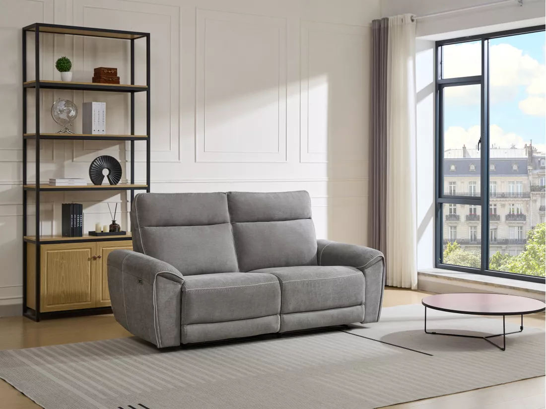 Canapé 3 places relax électrique en tissu gris DJARALO