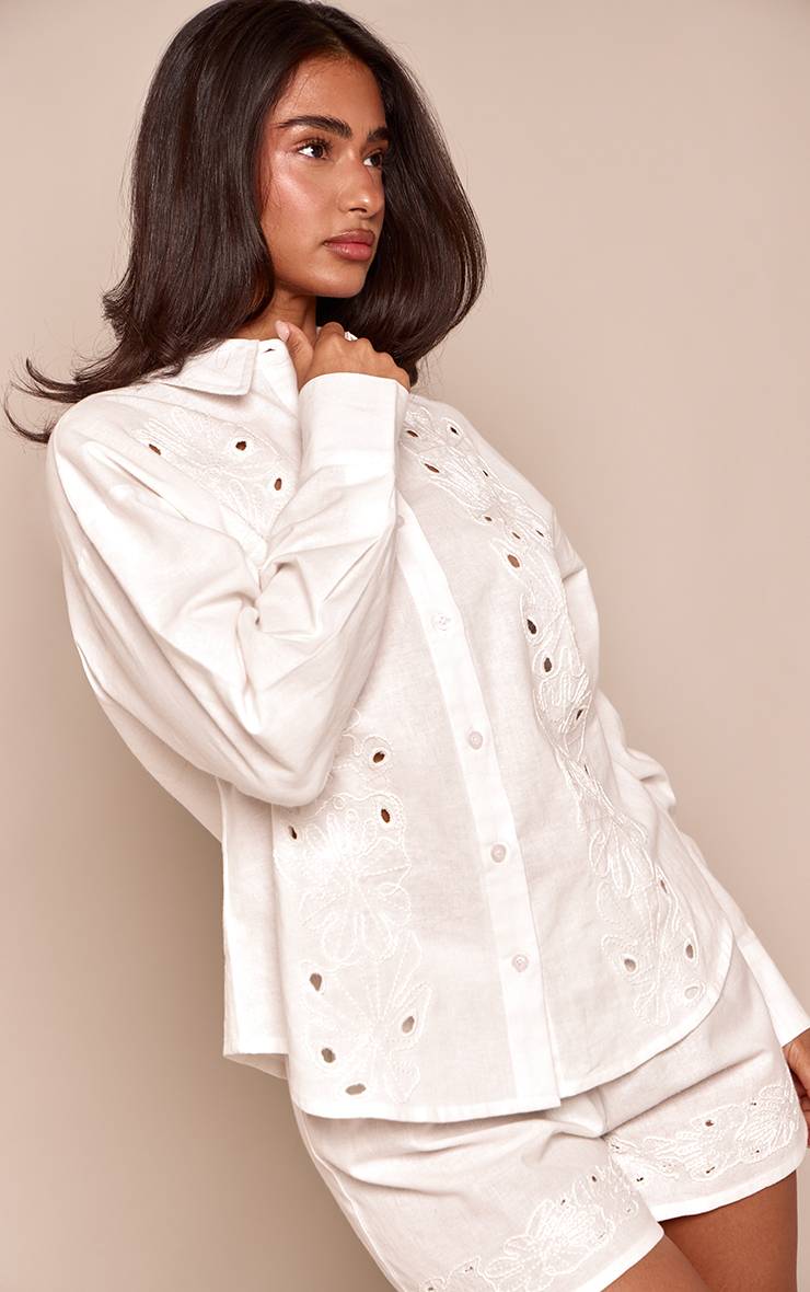 Naturel Chemise Brodée Boutonnée Aspect Lin Co-ord Petite