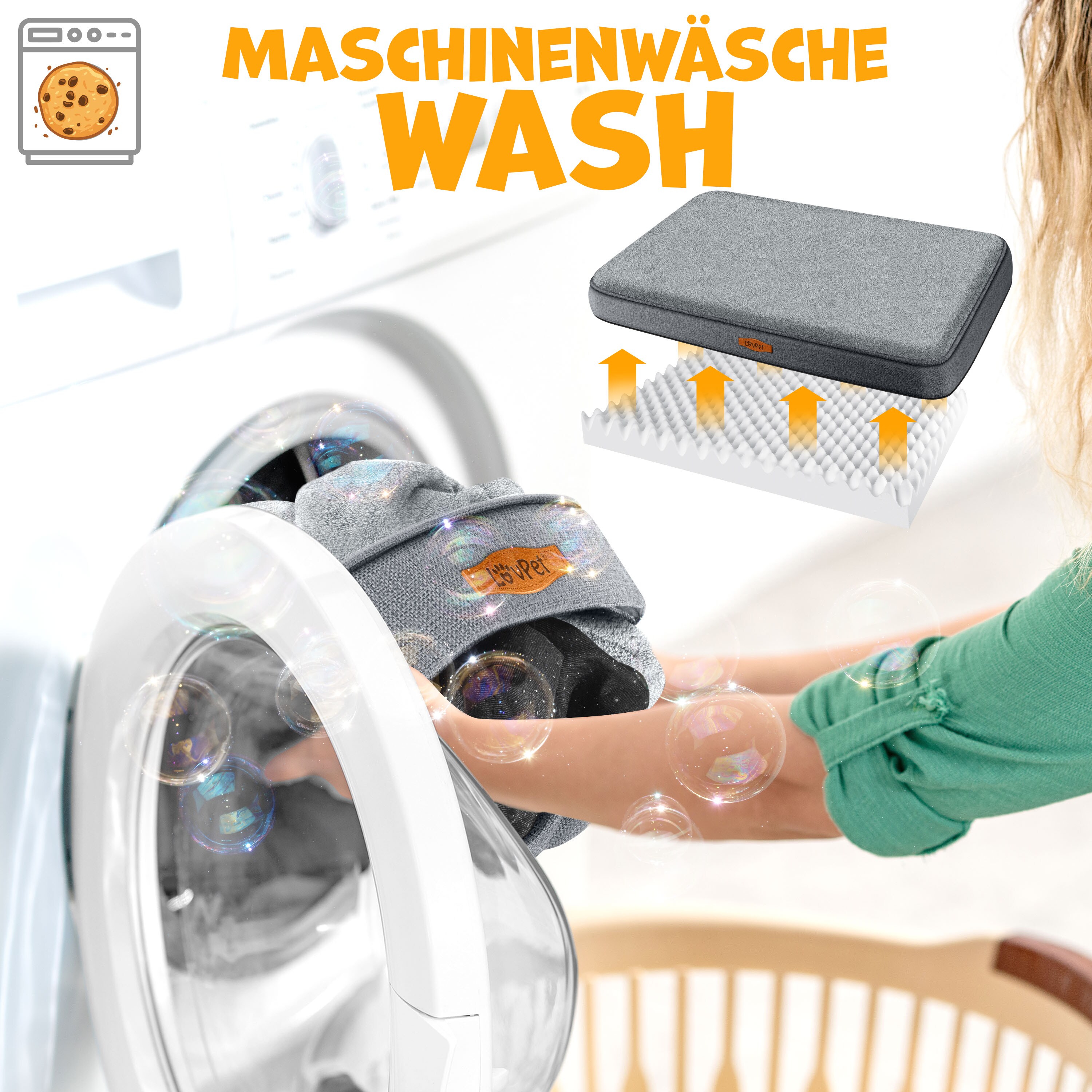 LovPet® Hundebett orthopädisches Hundekissen Hundekorb Cookie, Inkl. Napf + 3X Kauknochen, Hundesofa für Kleine, Mittelgroße & Große Hunde, Bezug abnehmbar und waschbar