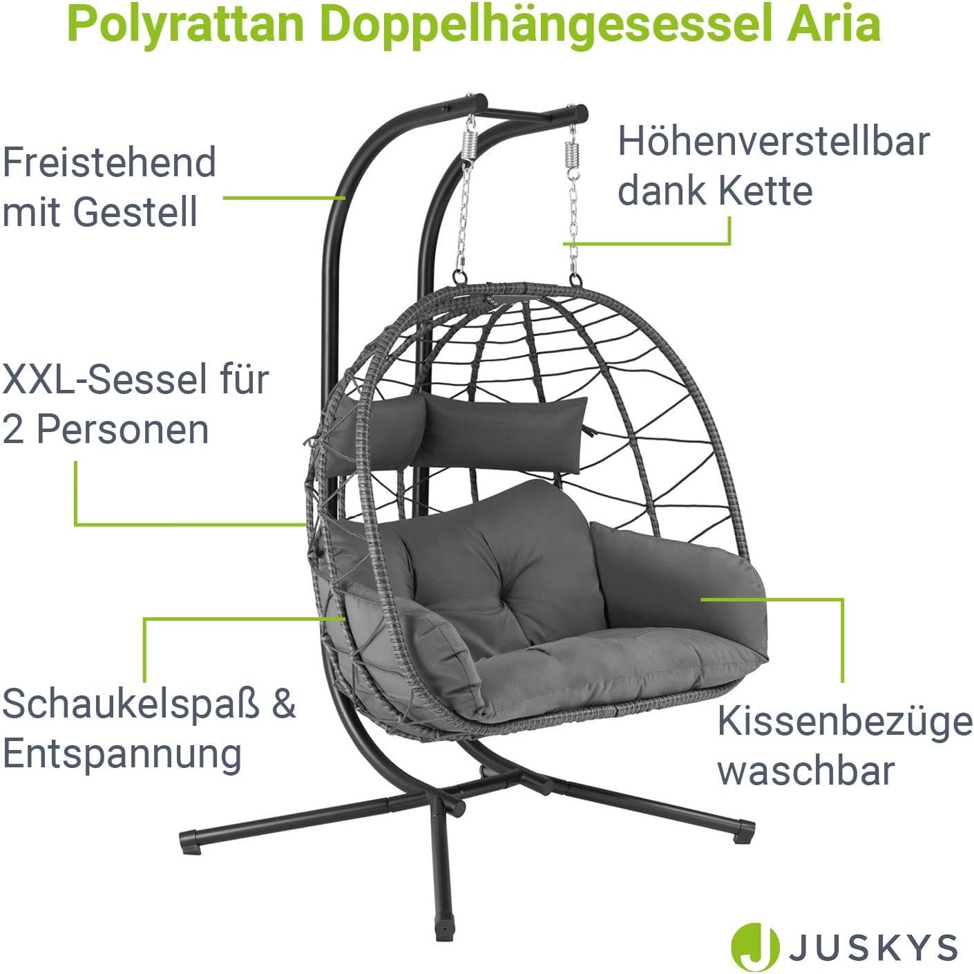 Juskys® Doppelhängesessel Aria - Polyrattan Hängesessel mit Gestell & Kissen - Schaukel für Zwei Personen - Outdoor Indoor Sessel - XXL Korb Grau