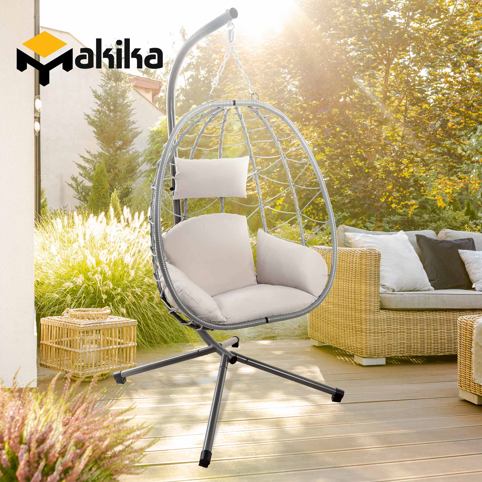 Makika Hängesessel mit Gestell höhenverstellbar aus Polyrattan in Silber