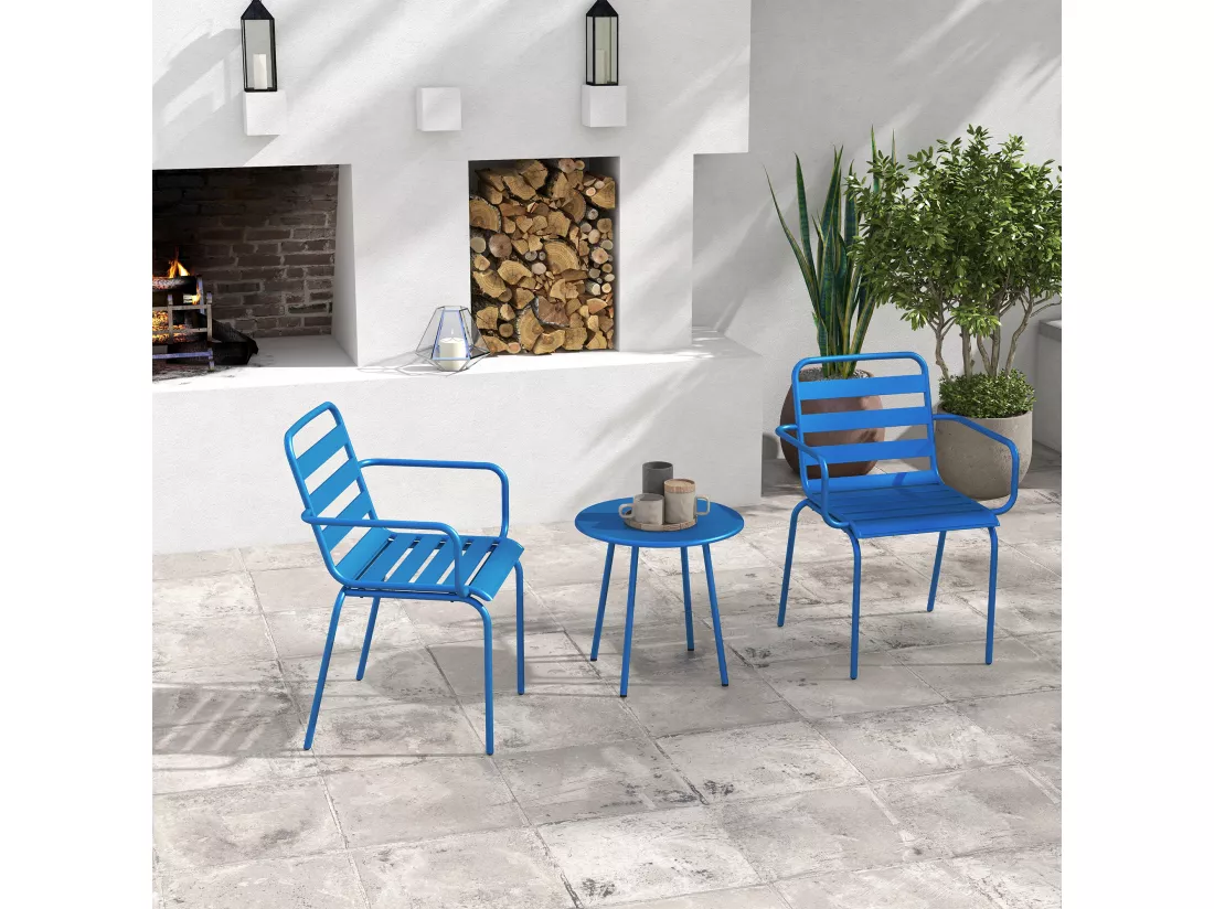 Salon de jardin bistro - table basse ronde Ø 60 cm 2 chaises empilables - acier thermolaqué bleu