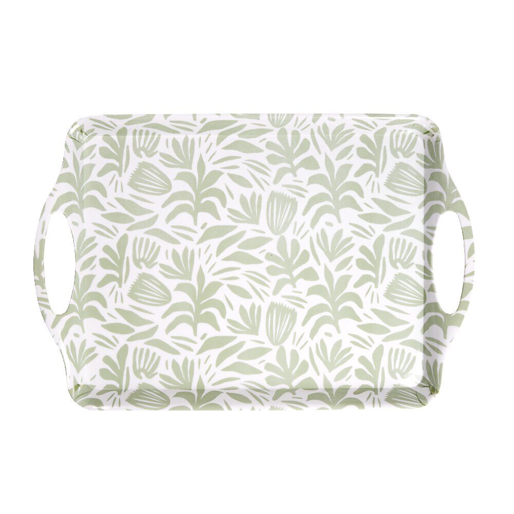 Plateau rectangulaire blanc motif feuillage vert sauge 34x50,5cm