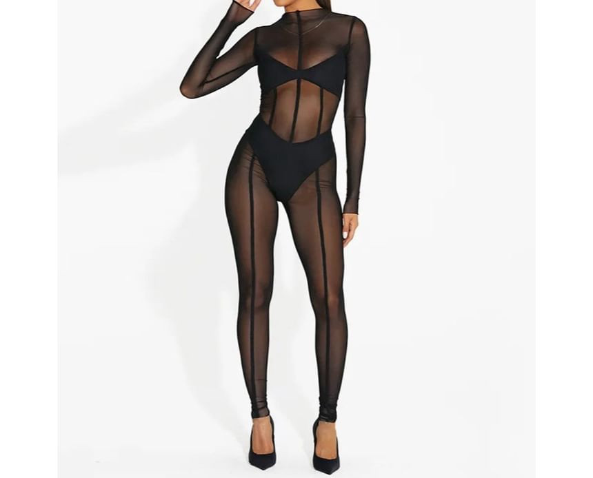 Ragom - Skinny jumpsuit met lange mouwen en een mockneck, effen mesh