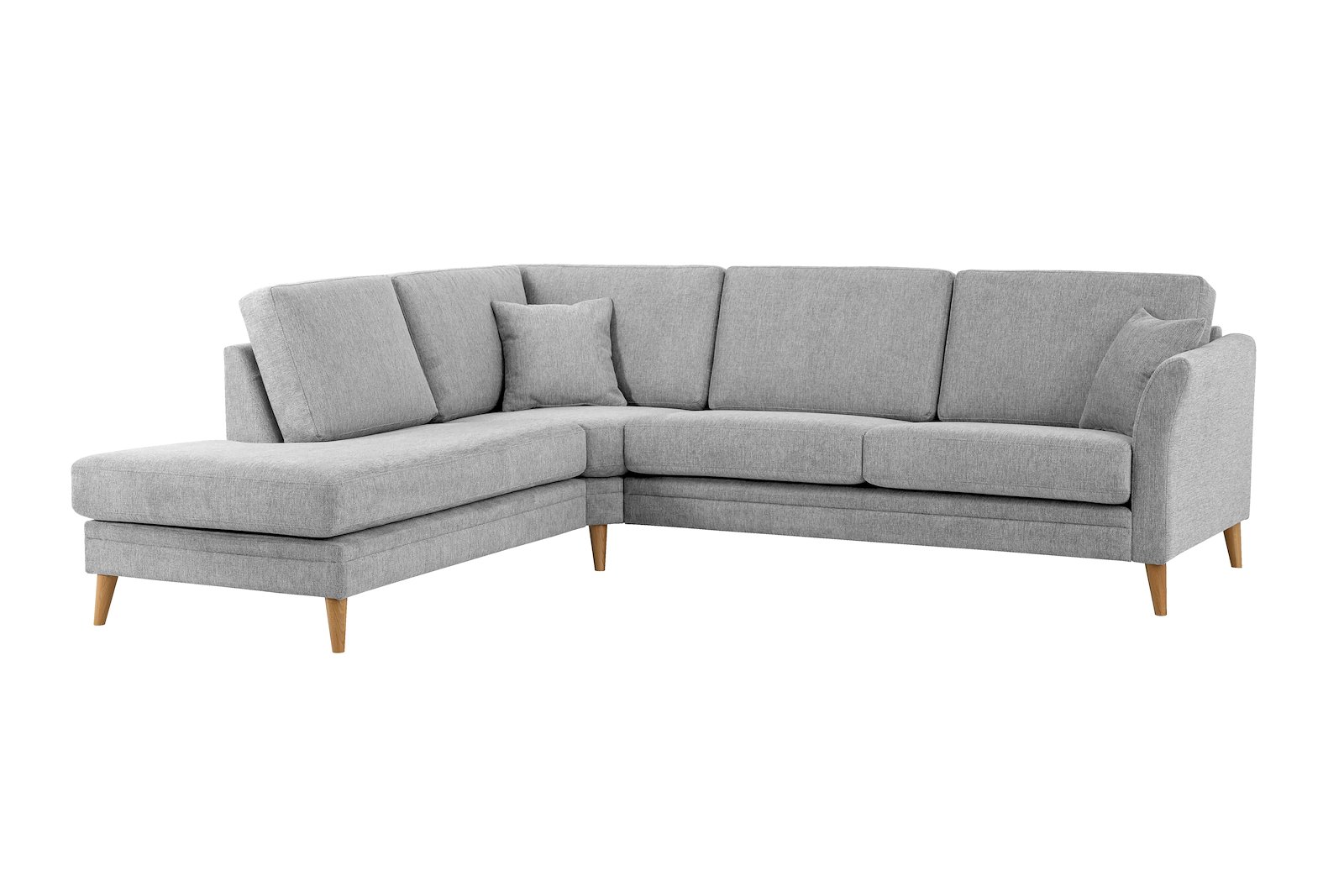 Eden hjørnesofa 2,5-seter med åpen ende venstre. Tekstil Brego 3 Grey med ben i eik natur (15137).