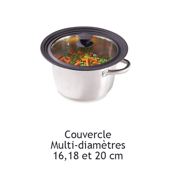 Couvercle en verre et silicone noir multidiamètres 16, 18 et 20 cm Mat