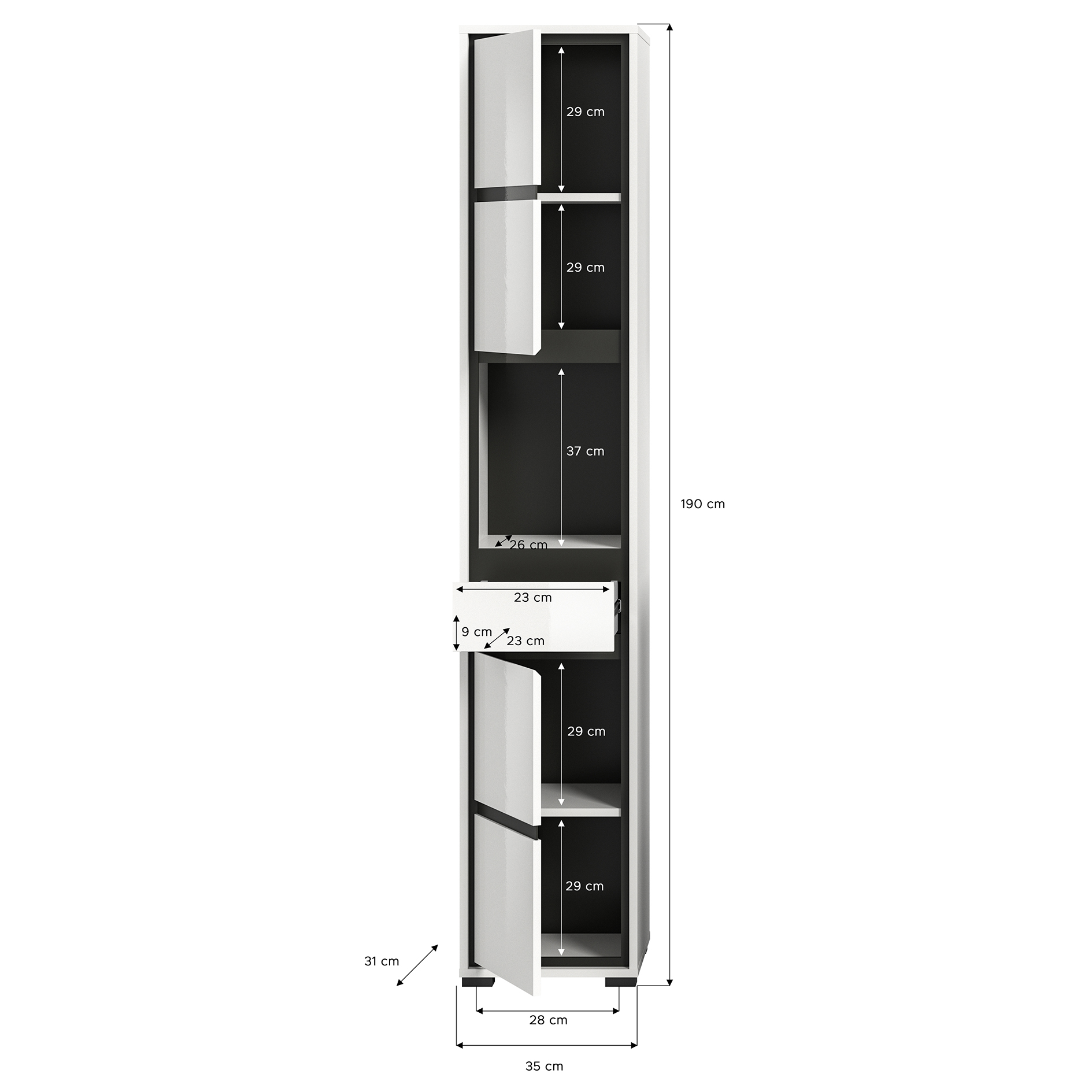 Hochschrank JARU - weiß Hochglanz - 35 cm breit