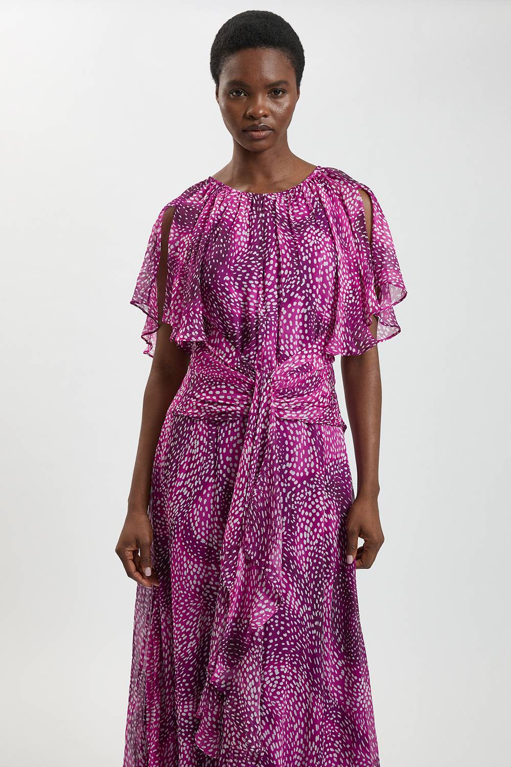 KarenMillen Robe Longue En Georgette De Viscose À Pois Avec Manches Cape Et Volants