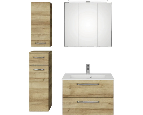 Pelipal Kumba badkamermeubelset (B x H x D): 107 x 200 x 50 cm, frontkleur: Riviera eiken, 5-delige set inclusief witte mineraalstenen wastafel, badmeubel en wandkast (99.770126474)