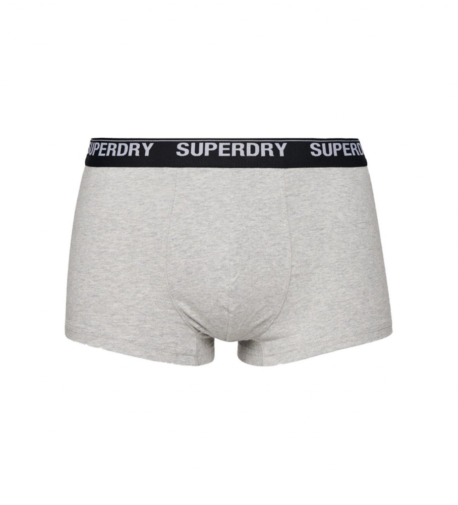 Cuecas Superdry de algodão orgânico, pacote com 3 unidades, nas cores cinza, laranja e preta.