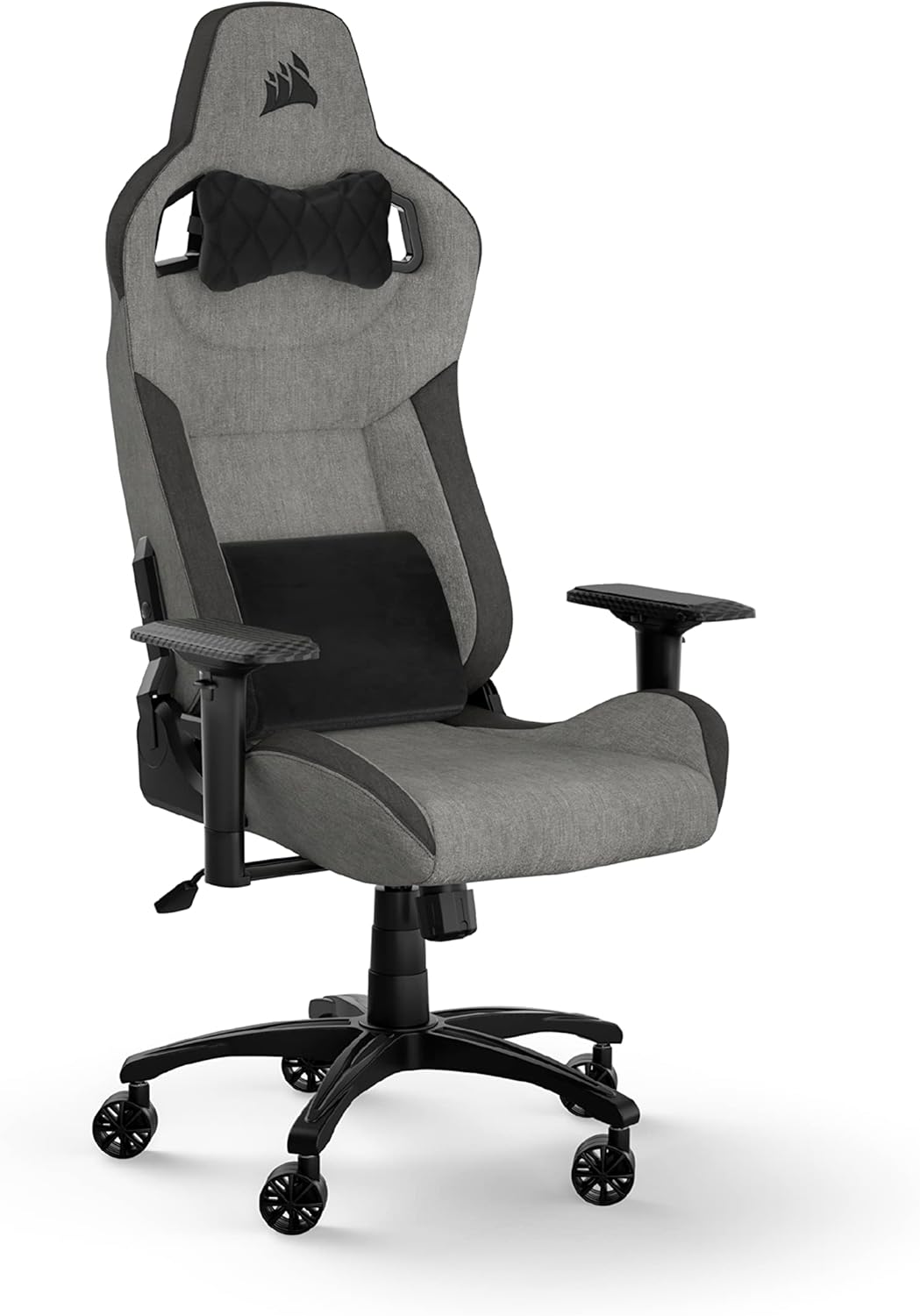Corsair T3 RUSH Gaming-Stuhl mit Stoffbezug (2023) – Vom Rennsport inspiriertes Design – Bezug aus Weichem – Gepolstertes Nackenkissen – Lendenstütze aus Memory-Schaumstoff – Schwarz und Holzkohle
