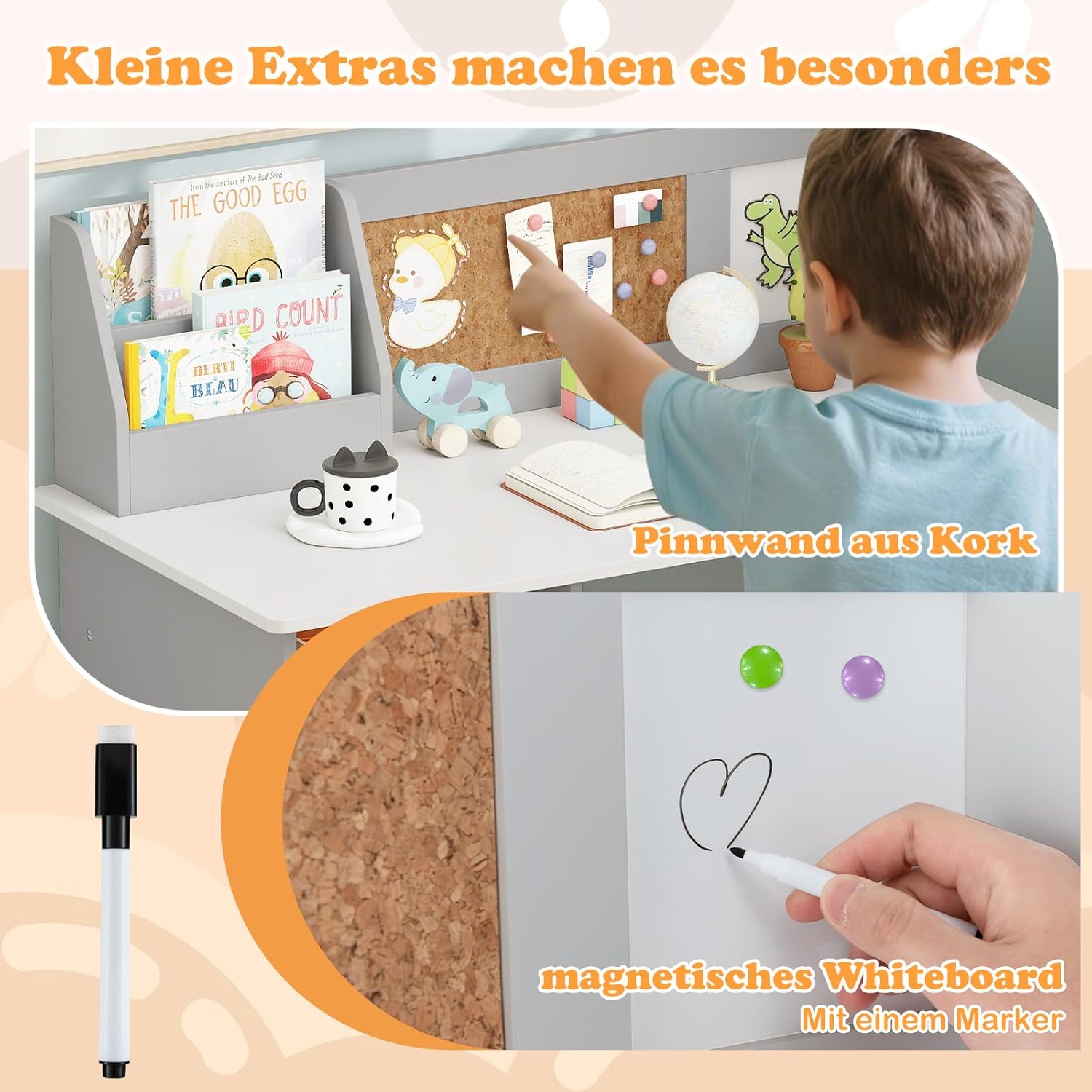COSTWAY Kinderschreibtisch Set, Schreibtisch Kinder mit Stuhl aus Holz, Schülerschreibtisch mit Bücherregal, Schrank & Pinnwand, Jugendschreibtisch für Kinder ab 3 Jahren (Mit Pinnwand,Grau)