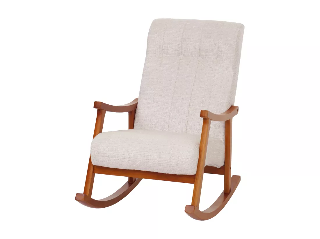 Fauteuil à bascule MCW-K10, crème, piètement imitation noyer