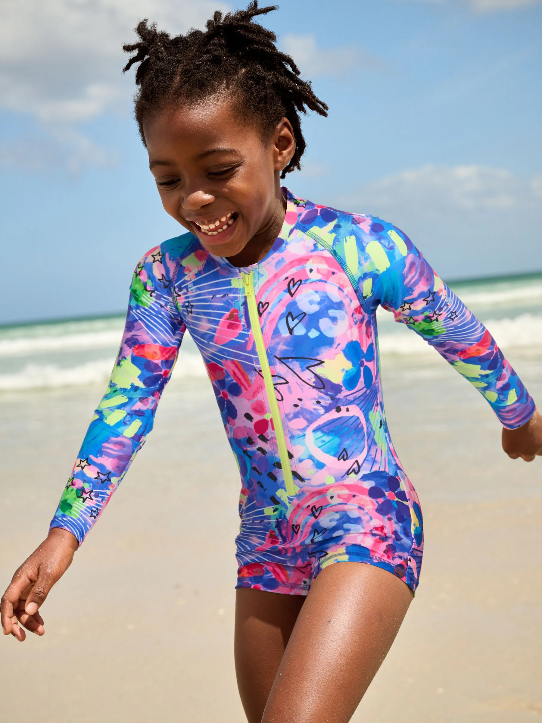 Blauw met graffitiprint - Shortbadpak met lange mouwen (3-16 jr)