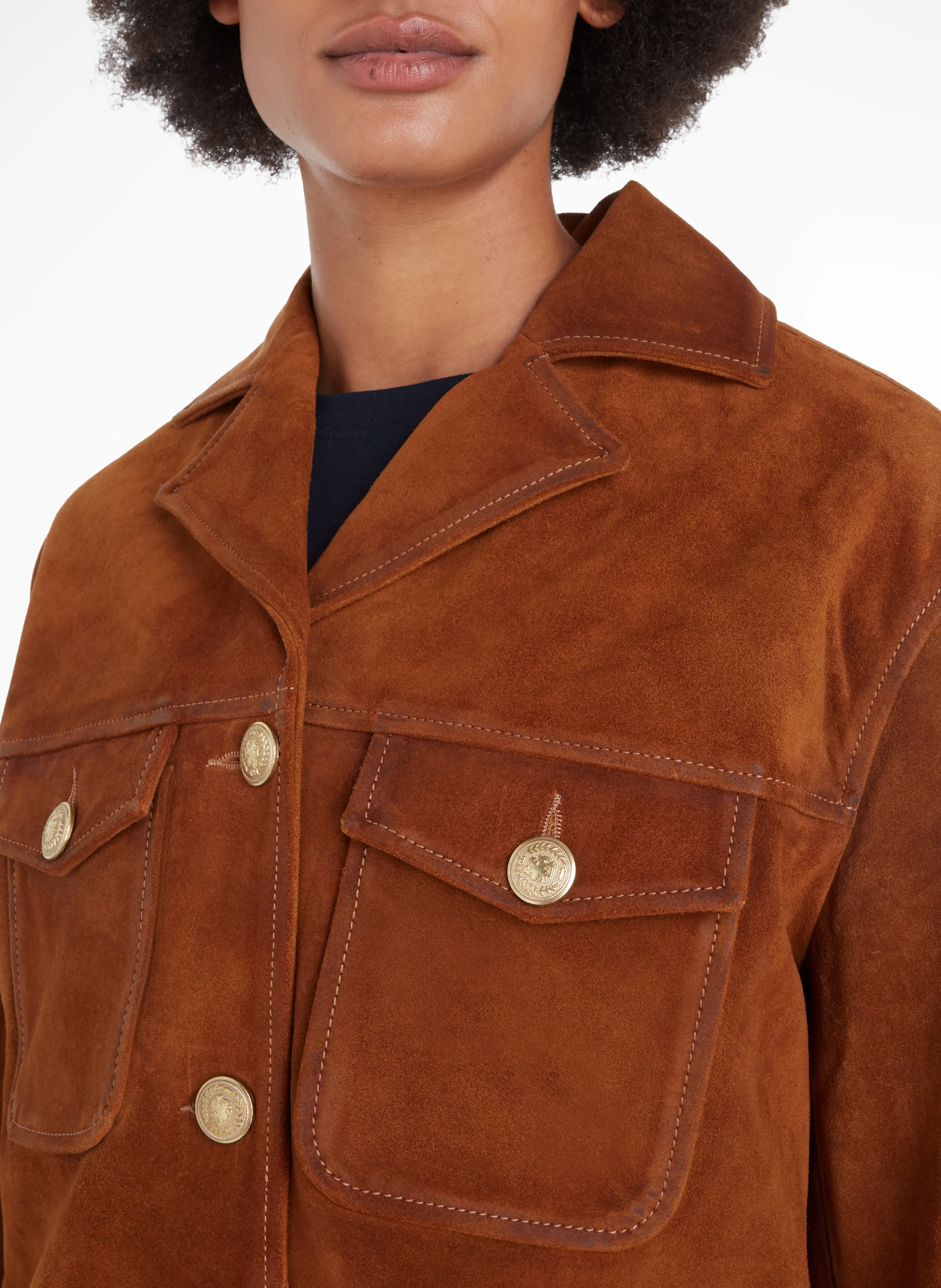 Veste droite col classique en cuir velours | Marron