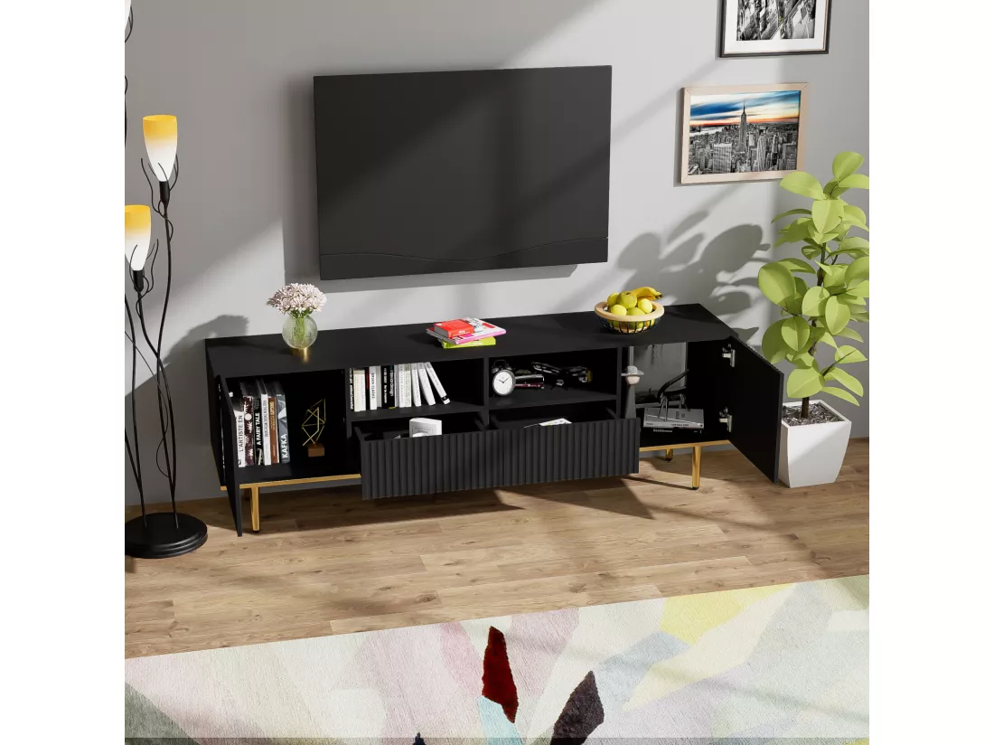 Meuble TV 165x36x55cm, avec 2 portes, 2 tiroirs et 2 compartiments, pieds dorés et bord doré, Noir