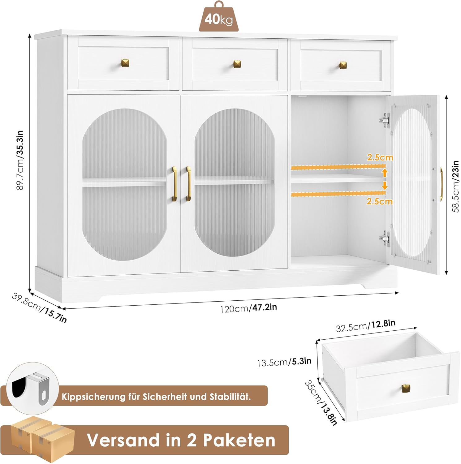 FirFurd Sideboard 120cm Breit Küchenschrank mit Arbeitsplatte Sideboard für Küche Wohnzimmer Buffetschrank mit 3 Schubladen & 3 Glasstüren Küchenbuffet mit Verstellbares Regal weiß 120x89x39.8cm