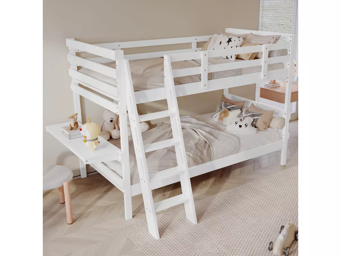 Lit superposé 90x200cm en bois - avec une table pilante - Blanc