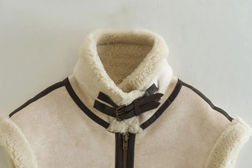 Sensarra - Vest met rits en imitatiebont en effen contrasterende bies