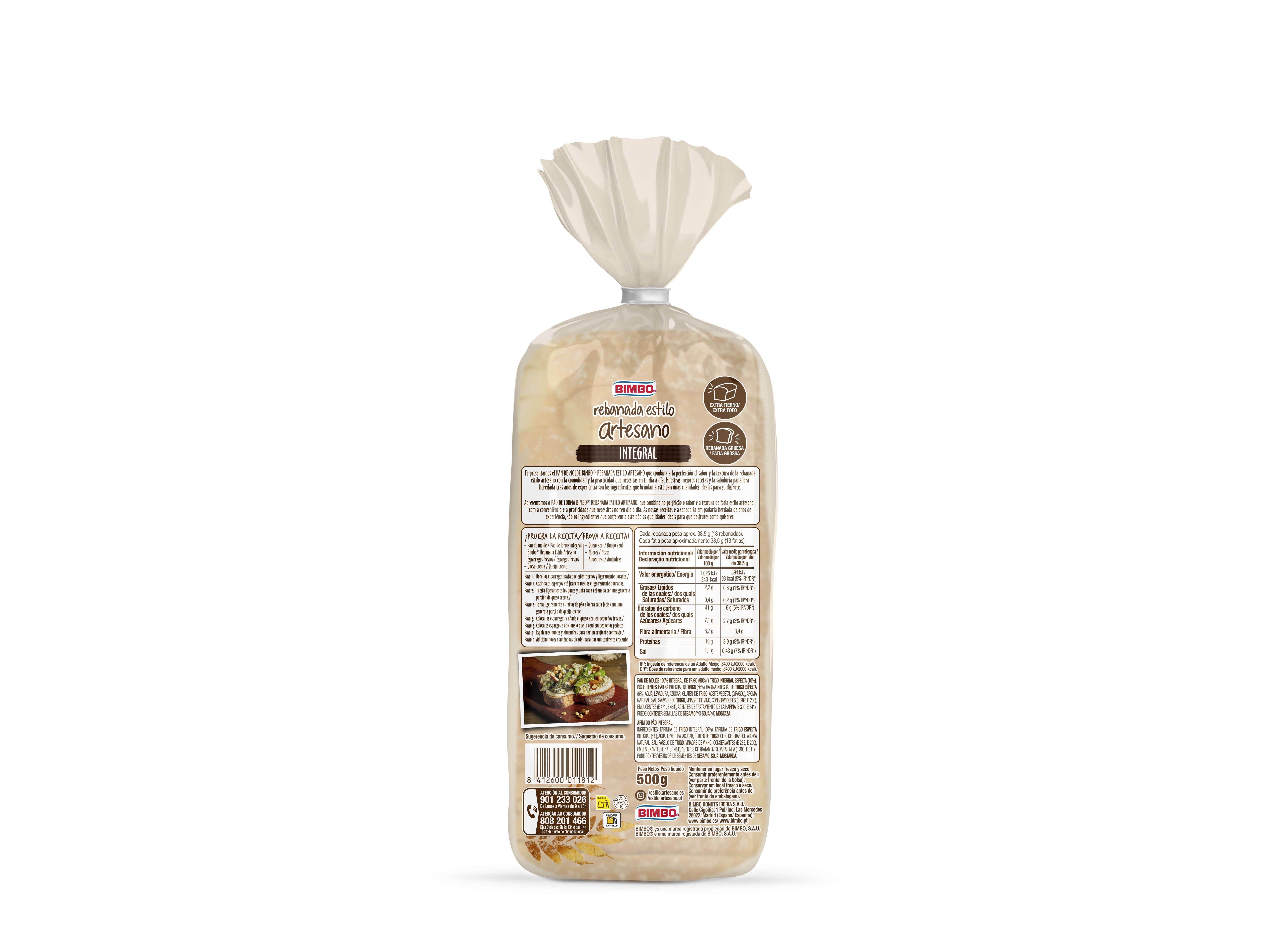 PÃO BIMBO ARTESANO INTEGRAL 500G
