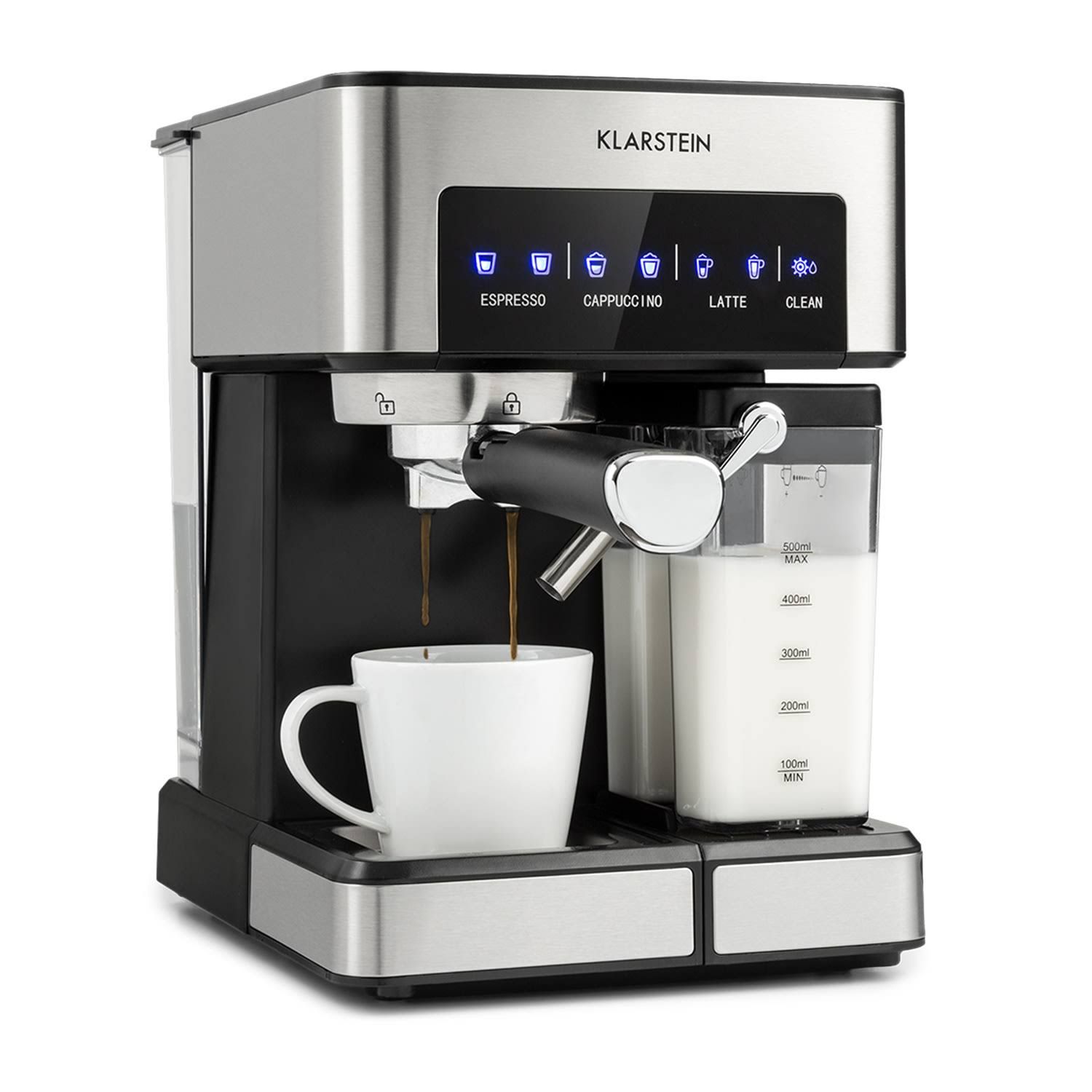 Arabica Comfort Siebträger 20 Bar 1350W Milchaufschäumer 1,8L Touchpad Klarstein