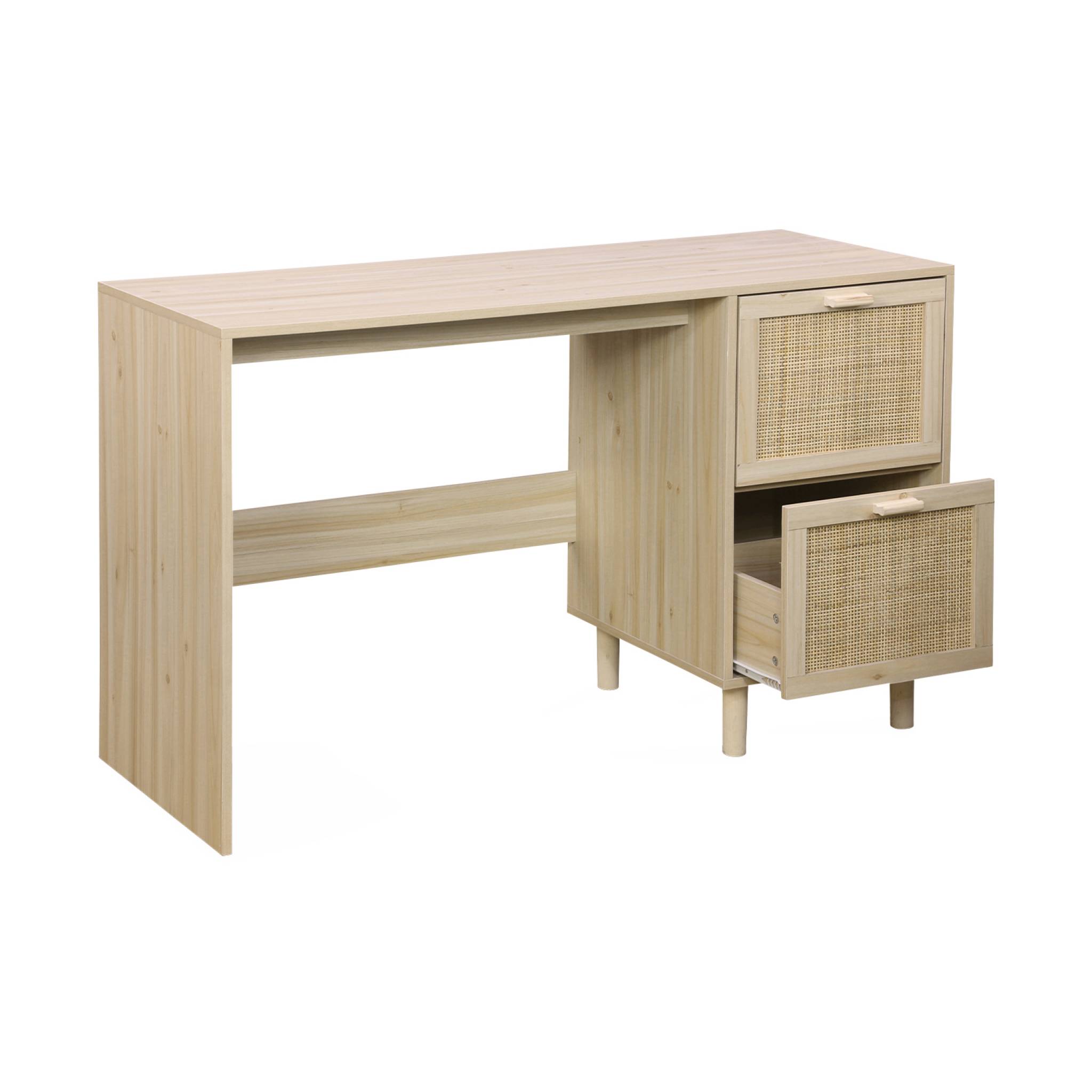 Bureau décor bois et cannage - camargue - 120cm. 2 tiroirs