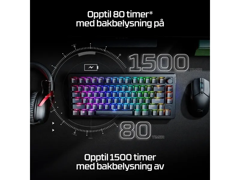 HyperX Alloy Rise - Tastatur - 1000 Hz pollingfrekvens, 100% anti-ghosting, 80 millioner tastetryk - 75% - bagbelyst - trådløs - 2.4 GHz, Bluetooth, USB-C - tastkontakt: HyperX Linear - sort
