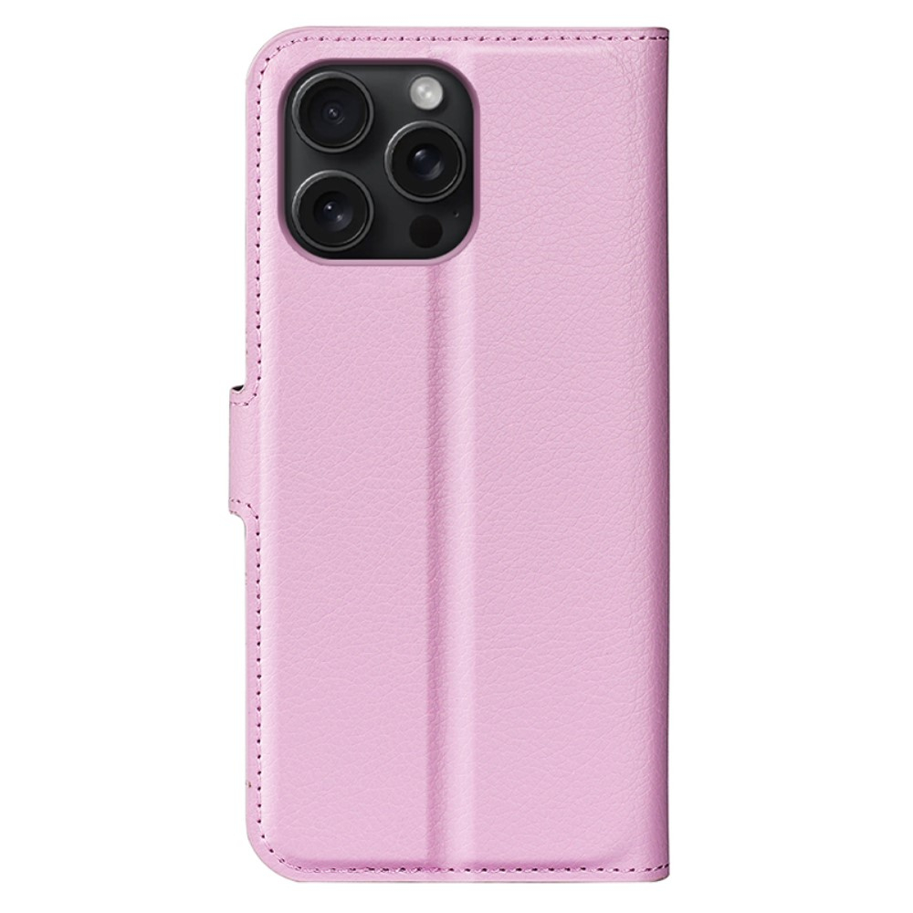 iPhone 16 Pro Max Leder Tasche Flip Cover Litchi Look - Rosa