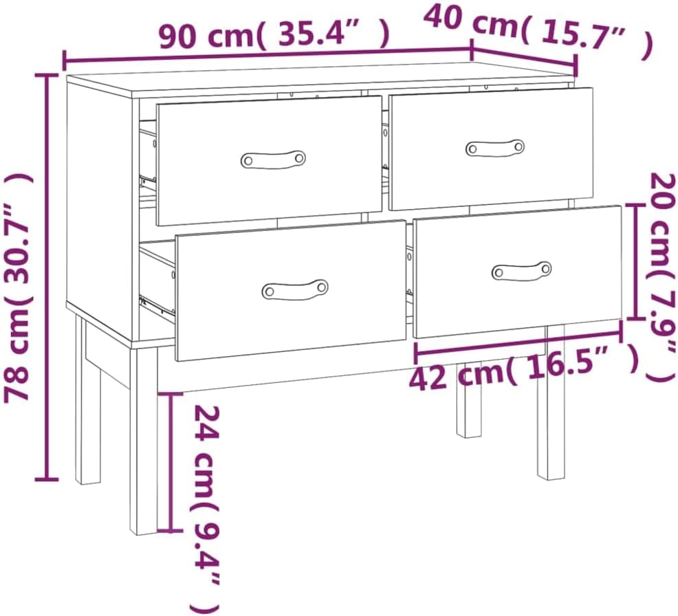 Konsole aus massivem Kiefernholz, 90 x 40 x 78 cm, mit 4 Schubladen, Schrank für Wohnzimmer, Schlafzimmer, Büro, Ausstellungsfläche für dekorative Gegenstände, solide Struktur