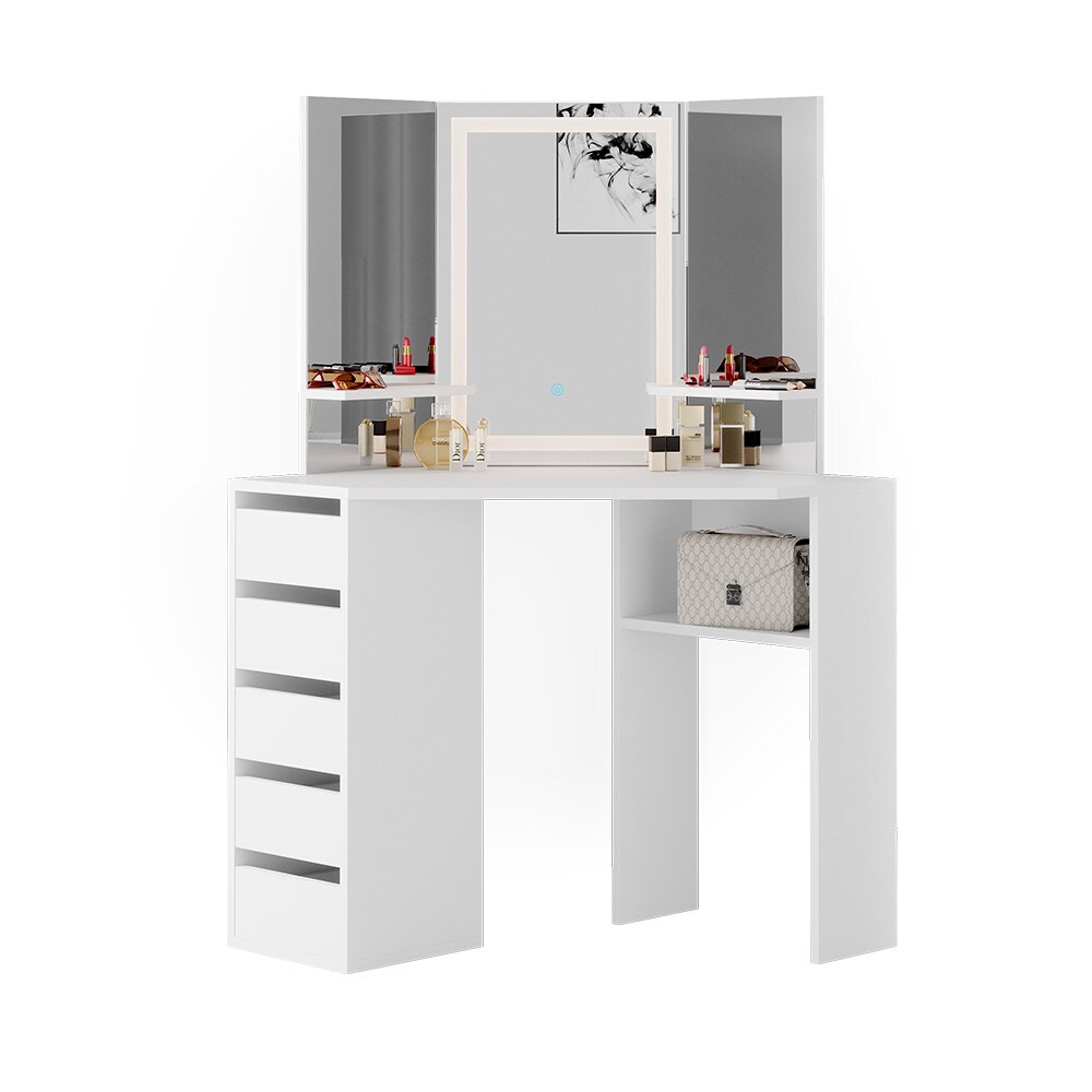 Vicco Eckschminktisch Frisiertisch Schminkkommode Arielle Weiß LED-Spiegel 111x142 cm modern Schlafzimmer Kommode Schublade Ablage Aufbewahrung Kosmetiktisch Schminkkonsole Make-Up-Tisch