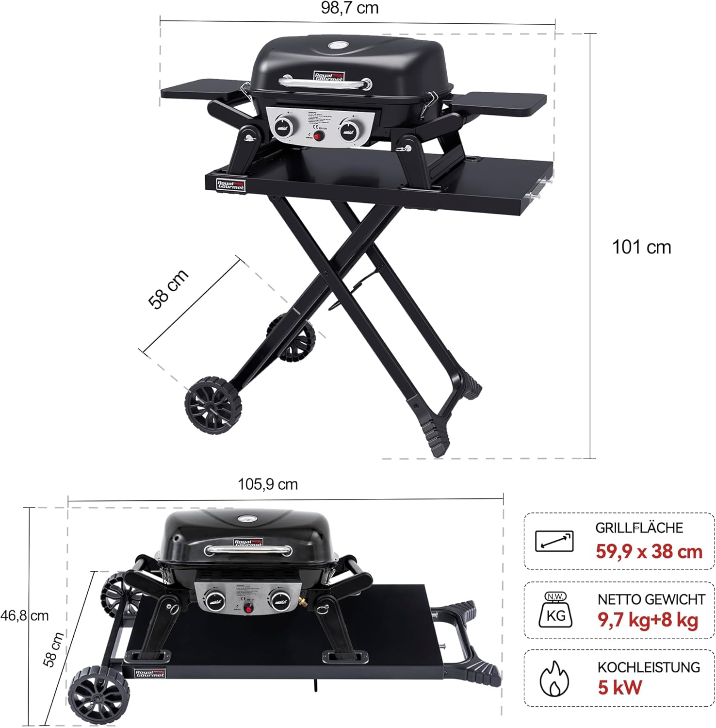 Royal Gourmet Tragbarer 2-Brenner Gasgrill inkl. Grilltisch, 5kW Tischgrill mit separatem Rollwagen, Portabler Tischgasgrill mit Klapptisch für Balkon,Terrasse, Camping Schwarz