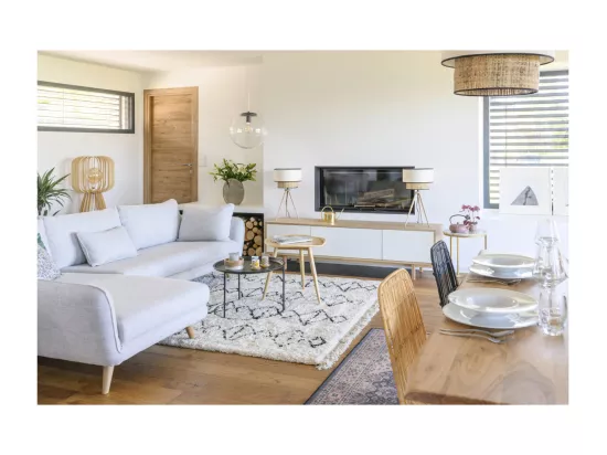 Canapé d'angle gauche scandinave 5 places en tissu gris clair chiné et bois clair CREEP
