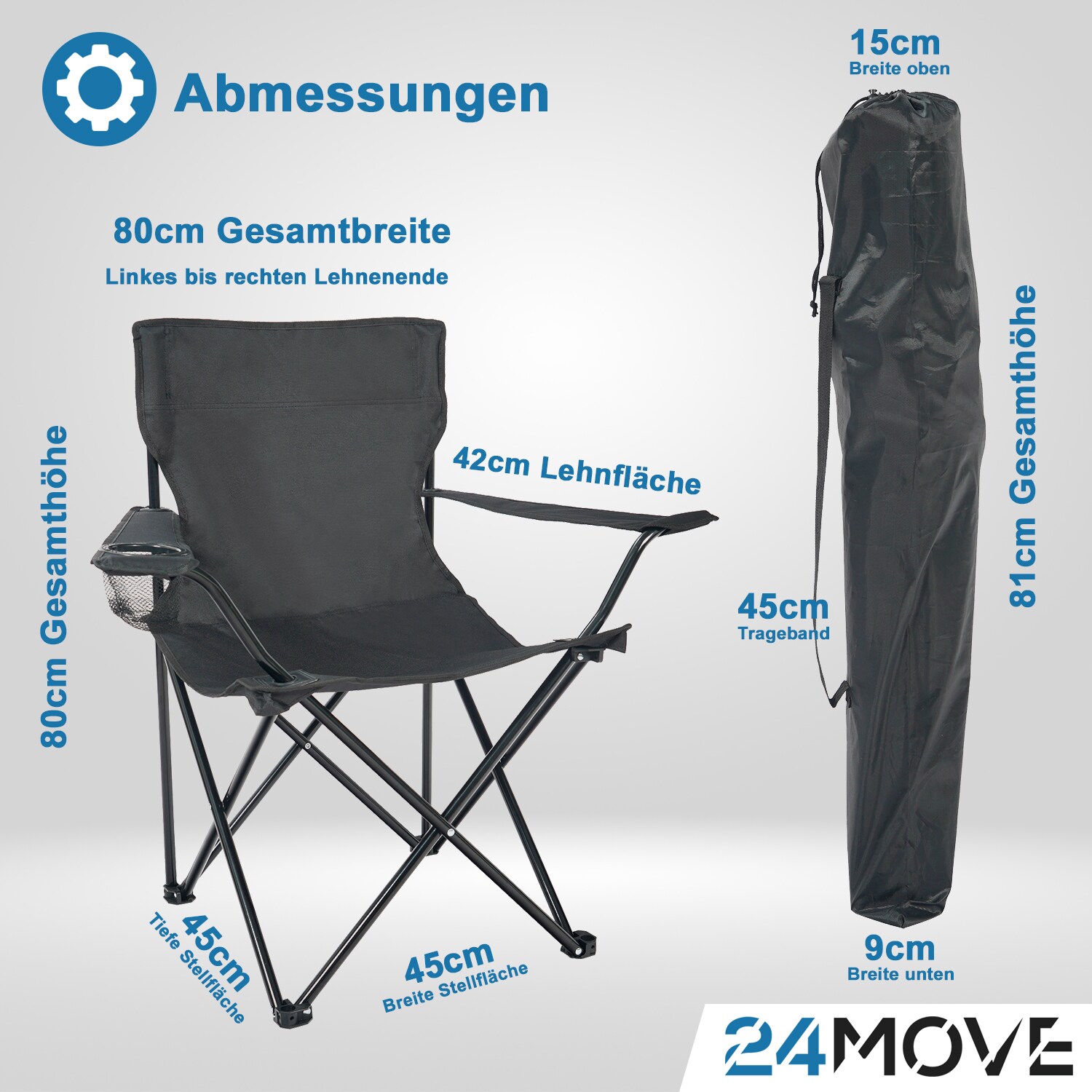 24MOVE® Campingstuhl Faltstuhl, schwarz, mit Getränkehalter und Tragetasche Outdoor, faltbar max. 100kg, Angerstuhl, Klappstuhl