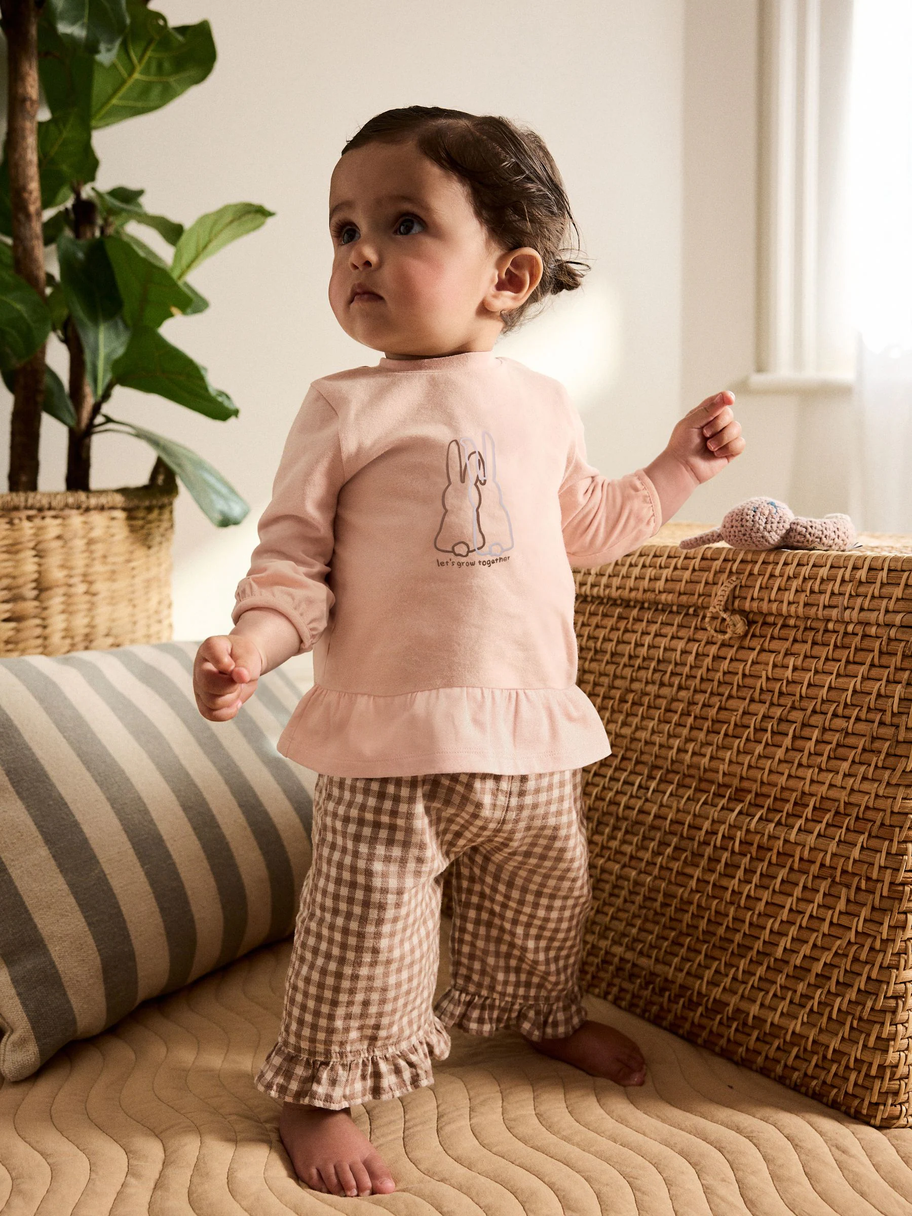Roze/naturel gingham - 2 -delige Babyset van peplum top met Lange mouwen en Broeken (0mnd -2jr)