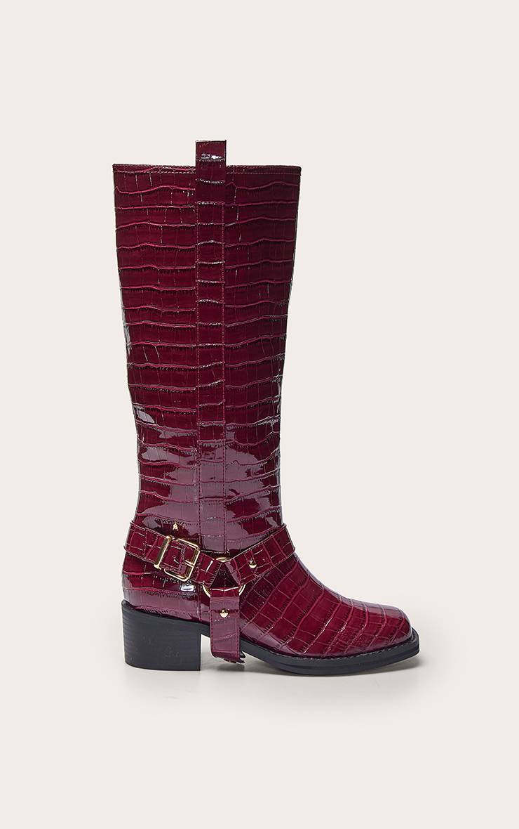 Rouge Bordeaux Bottes Hautes À Détails Boucles Effet Croco Verni